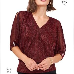 NWT Chaus NY Burgundy Vneck Shimmer Split sleeve Blouse w/ Rhinestone detail SzM